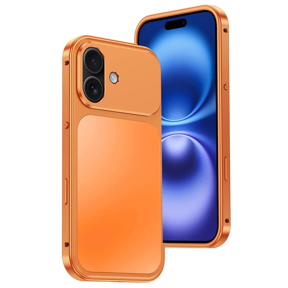 For iPhone 17 Magnetic Case Metal Frame PC Back Phone Cover with Pop-Up Buckle - Orange - 1