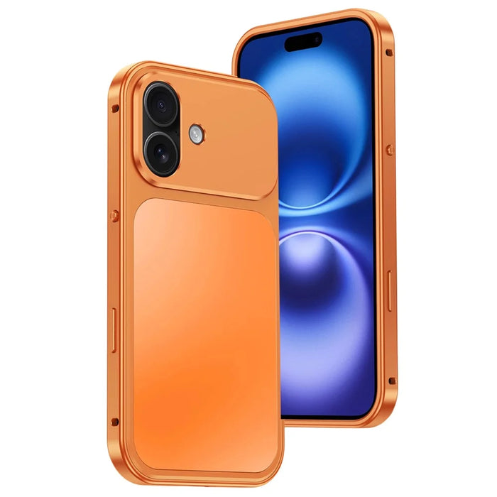 For iPhone 17 Magnetic Case Metal Frame PC Back Phone Cover with Pop-Up Buckle - Orange - 1