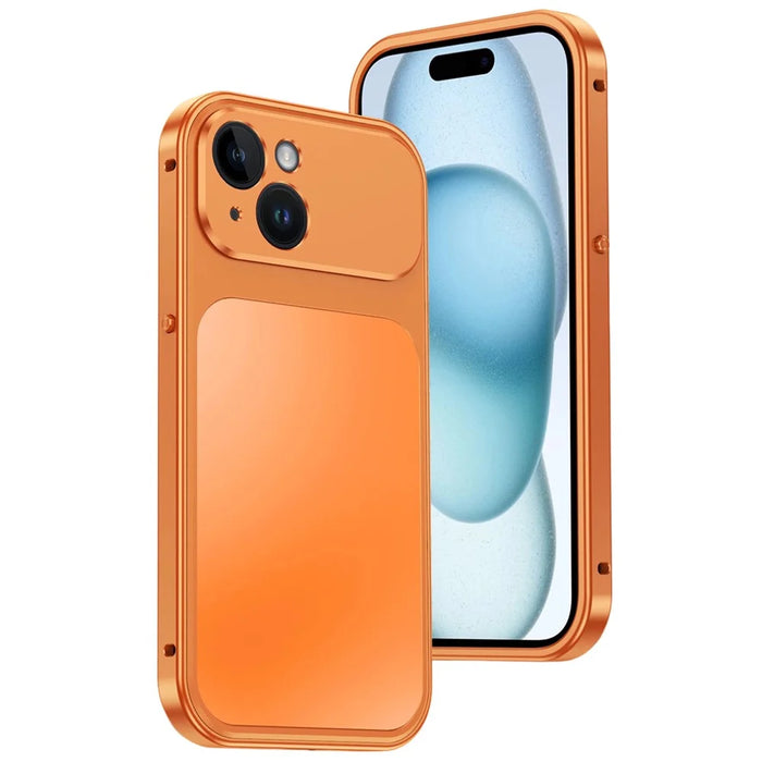 For iPhone 15 Magnetic Case Metal Frame PC Back Phone Cover with Pop-Up Buckle - Orange - 1