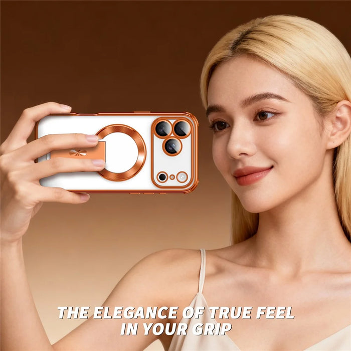 For iPhone 17 Pro Max Magnetic Case Electroplated Kickstand PC+TPU Protective Cover with Lens Film - Orange - 7
