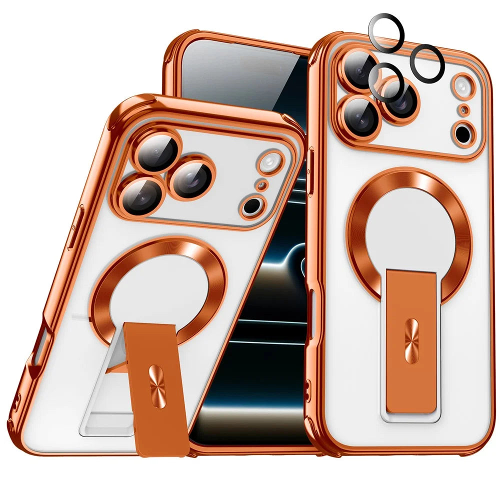For iPhone 17 Pro Magnetic Case Electroplated Kickstand PC+TPU Protective Covr with Lens Film - Orange - 1