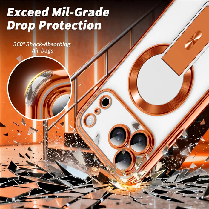 For iPhone 17 Pro Magnetic Case Electroplated Kickstand PC+TPU Protective Covr with Lens Film - Orange - 4