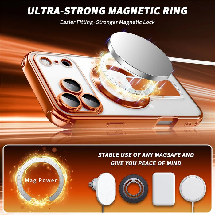 For iPhone 17 Pro Magnetic Case Electroplated Kickstand PC+TPU Protective Covr with Lens Film - Orange - 6