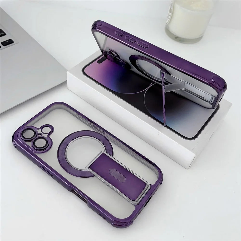 For iPhone 16 Magnetic Case Electroplated Kickstand PC+TPU Protective Cover with Lens Film - Dark Purple - 1