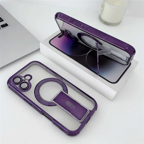 For iPhone 16 Magnetic Case Electroplated Kickstand PC+TPU Protective Cover with Lens Film - Dark Purple - 1