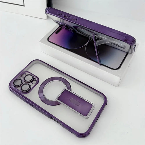 For iPhone 16 Pro Magnetic Case Electroplated Kickstand PC+TPU Protective Cover with Lens Film - Dark Purple - 1