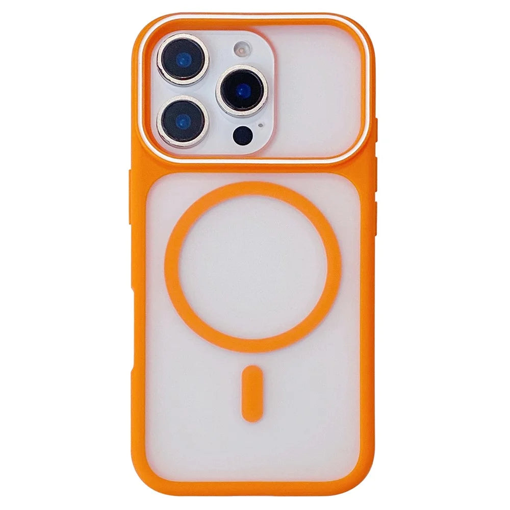 For iPhone 16 Pro Max Magnetic Case Large Viewing Window TPU + PC Shockproof Phone Cover - Orange - 1