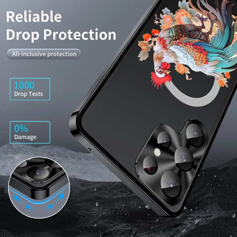 For Samsung Galaxy S22 Ultra 5G Magnetic Case Rooster Pattern PC TPU Phone Cover with Lens Film - LK00139-05 - 3