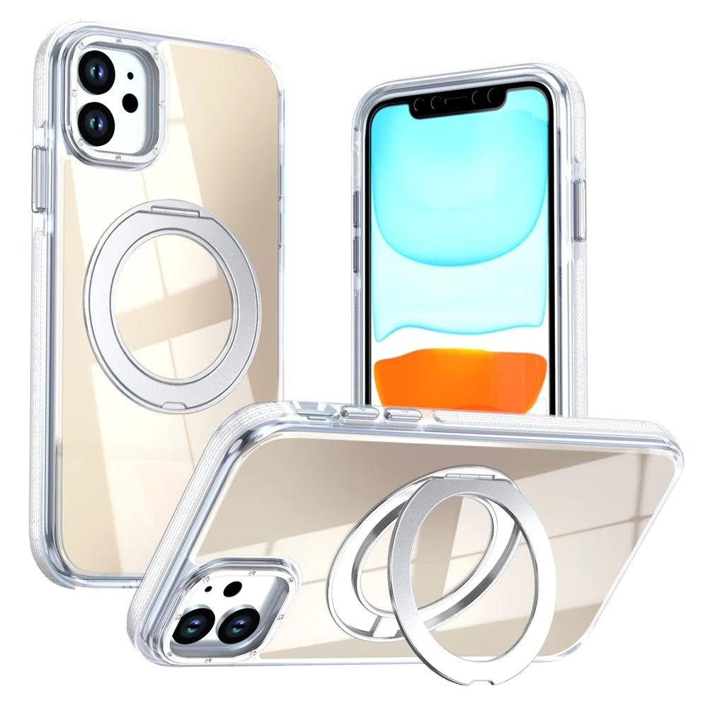 For iPhone 11 Magnetic Case Fluorescent Design TPU Acrylic Phone Back Cover with 360° Rotating Kickstand - White - 1