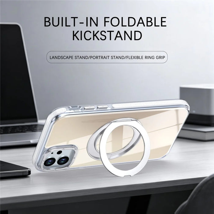 For iPhone 11 Magnetic Case Fluorescent Design TPU Acrylic Phone Back Cover with 360° Rotating Kickstand - White - 2