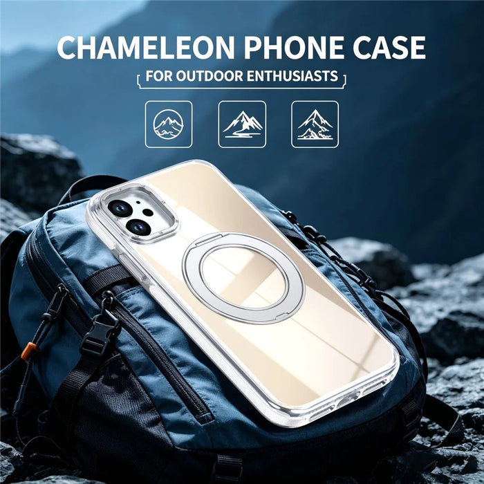 For iPhone 11 Magnetic Case Fluorescent Design TPU Acrylic Phone Back Cover with 360° Rotating Kickstand - White - 4