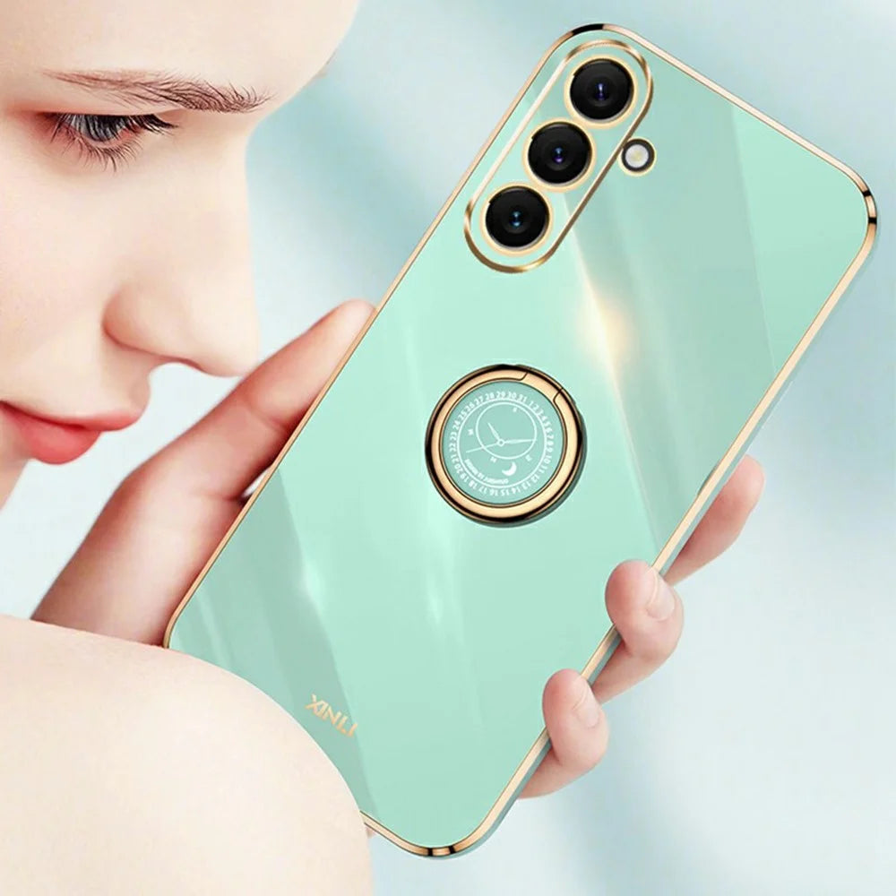 XINLI For Samsung Galaxy A37 5G Case Ring Kickstand Electroplating TPU Phone Cover - Cyan - 6