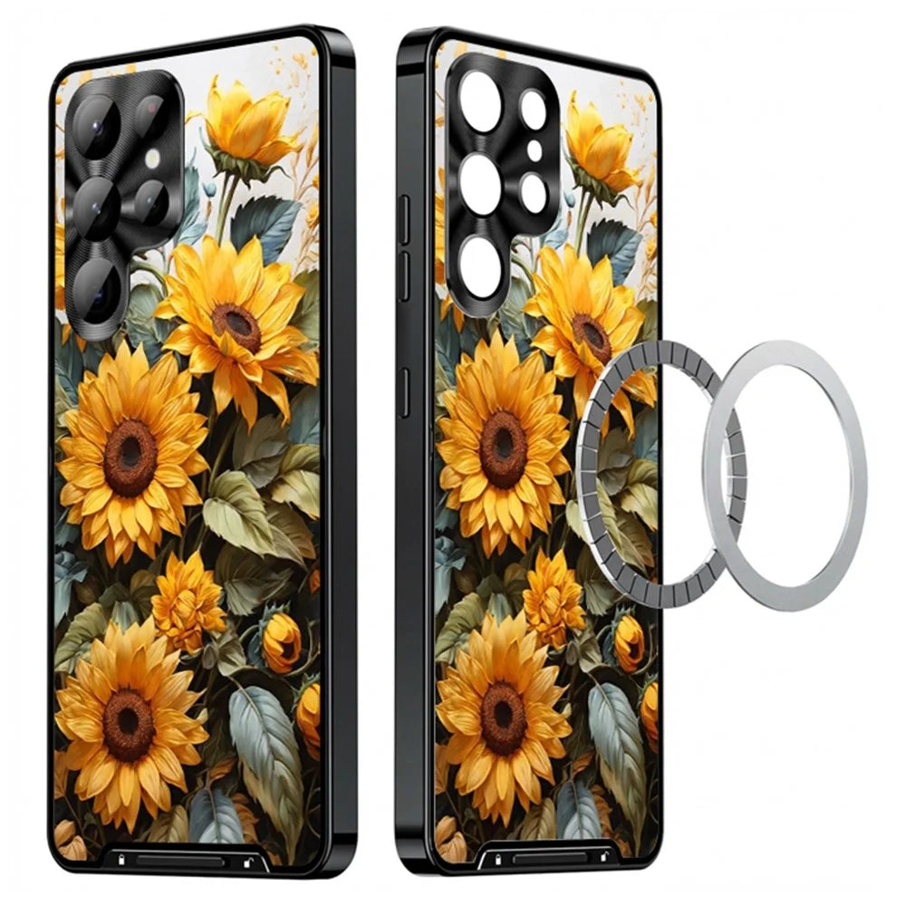 For Samsung Galaxy S22 Ultra 5G Magnetic Case Sunflower Pattern PC TPU Phone Cover with Lens Film - LK00157-7 - 1