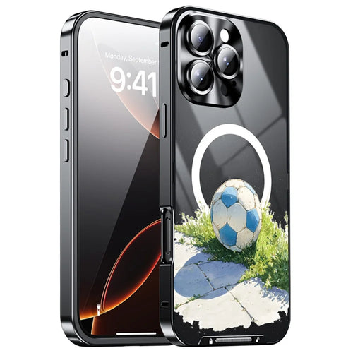 For iPhone 16 Pro Magnetic Case Football Pattern PC+TPU Mobile Phone Cover with Lens Film - LK00473-101 - 1
