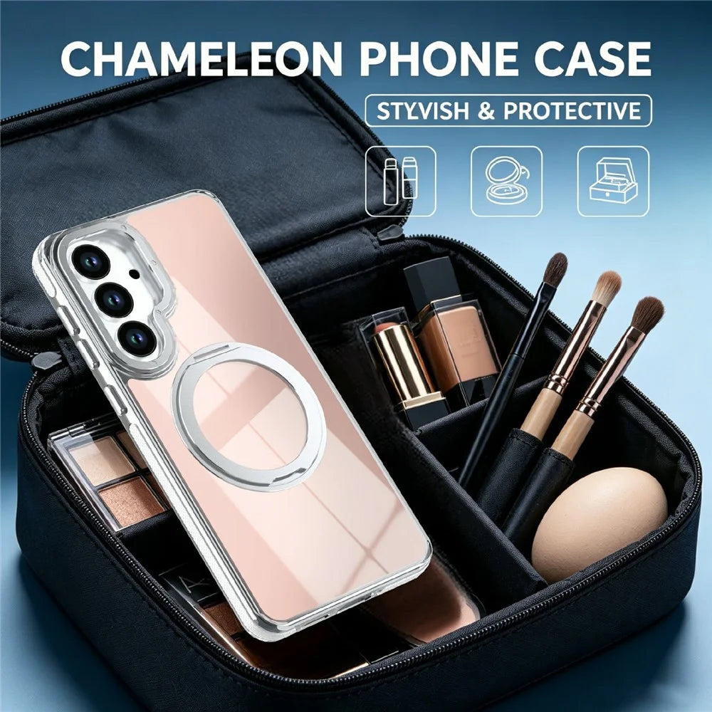 Magnetic Case For Samsung Galaxy S25  /  S24 Fluorescent Design TPU Acrylic Phone Back Cover with 360° Rotating Kickstand - White - 6