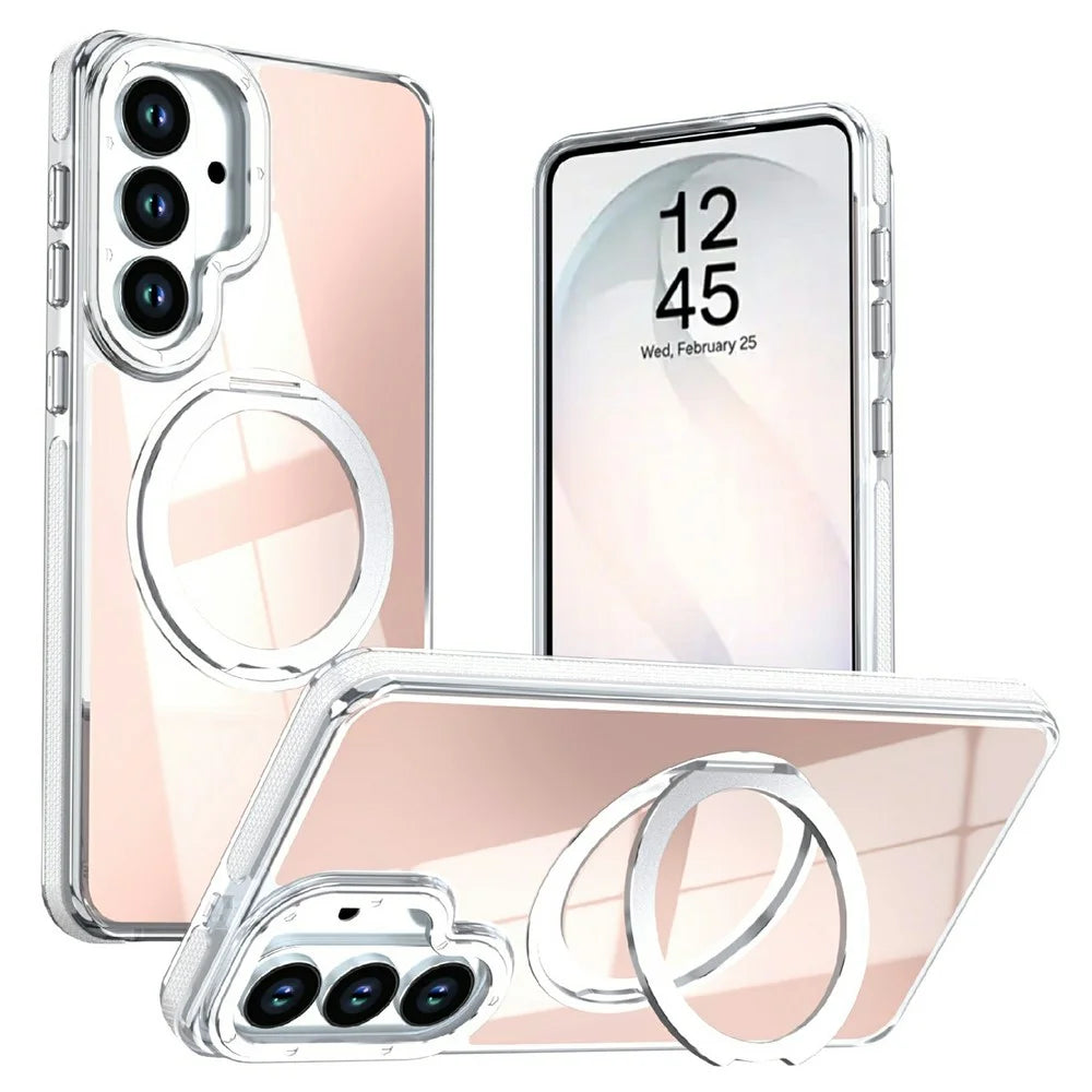 Magnetic Case For Samsung Galaxy S25+  /  S24+ Fluorescent Design TPU Acrylic Phone Back Cover with 360° Rotating Kickstand - White - 1