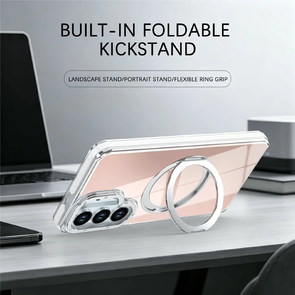 Magnetic Case For Samsung Galaxy S25+  /  S24+ Fluorescent Design TPU Acrylic Phone Back Cover with 360° Rotating Kickstand - White - 3