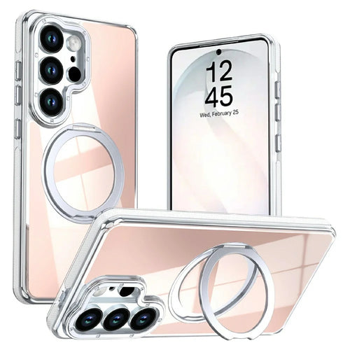 For Samsung Galaxy S24 Ultra Magnetic Case Fluorescent Design TPU Acrylic Phone Back Cover with 360° Rotating Kickstand - White - 1