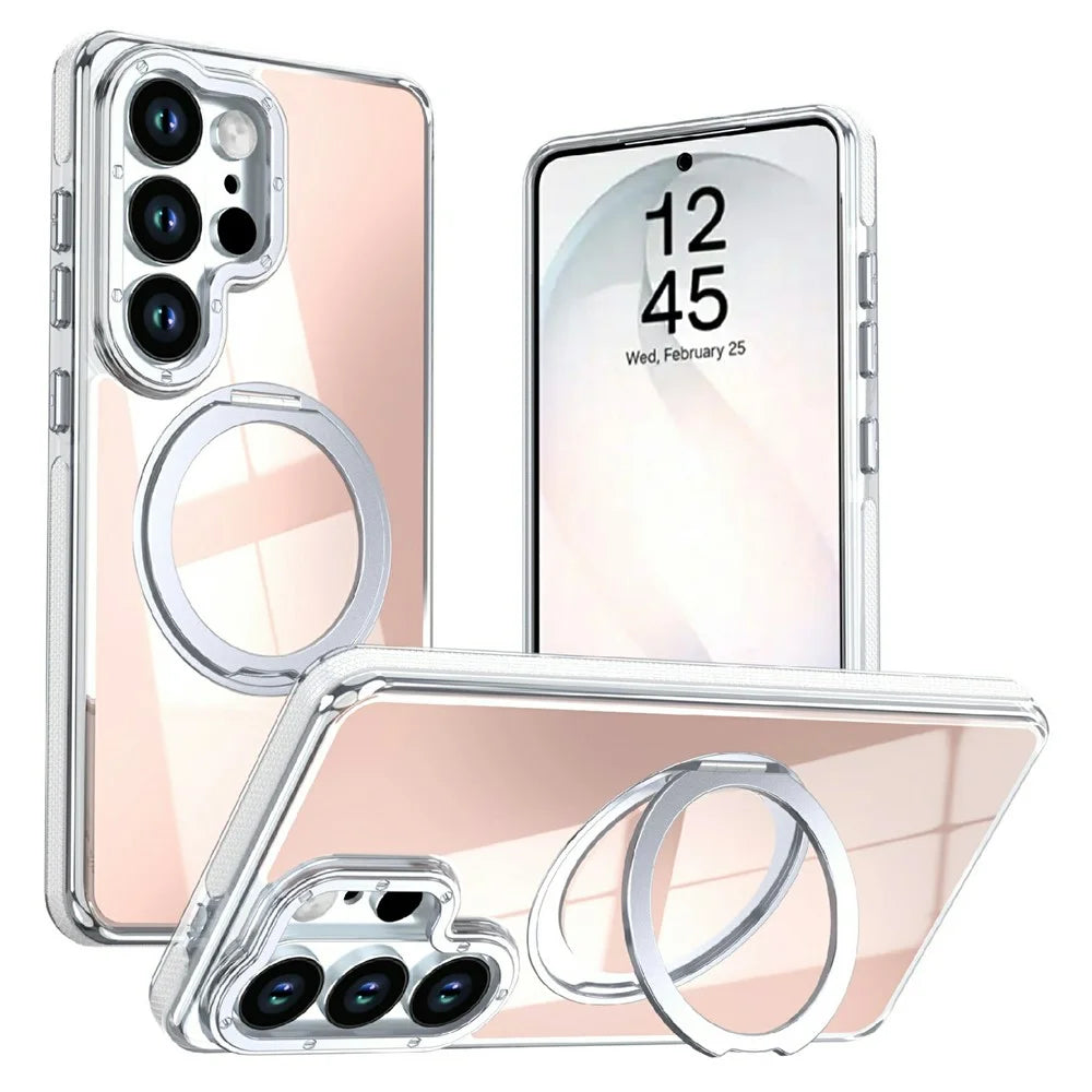 For Samsung Galaxy S25 Ultra Magnetic Case Fluorescent Design TPU Acrylic Phone Back Cover with 360° Rotating Kickstand - White - 1