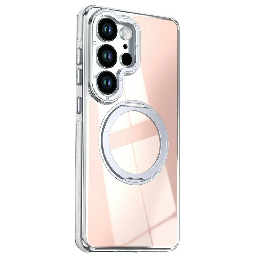 For Samsung Galaxy S25 Ultra Magnetic Case Fluorescent Design TPU Acrylic Phone Back Cover with 360° Rotating Kickstand - White - 2