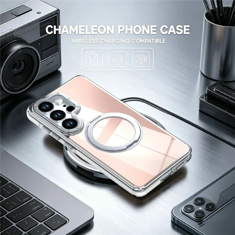 For Samsung Galaxy S25 Ultra Magnetic Case Fluorescent Design TPU Acrylic Phone Back Cover with 360° Rotating Kickstand - White - 4