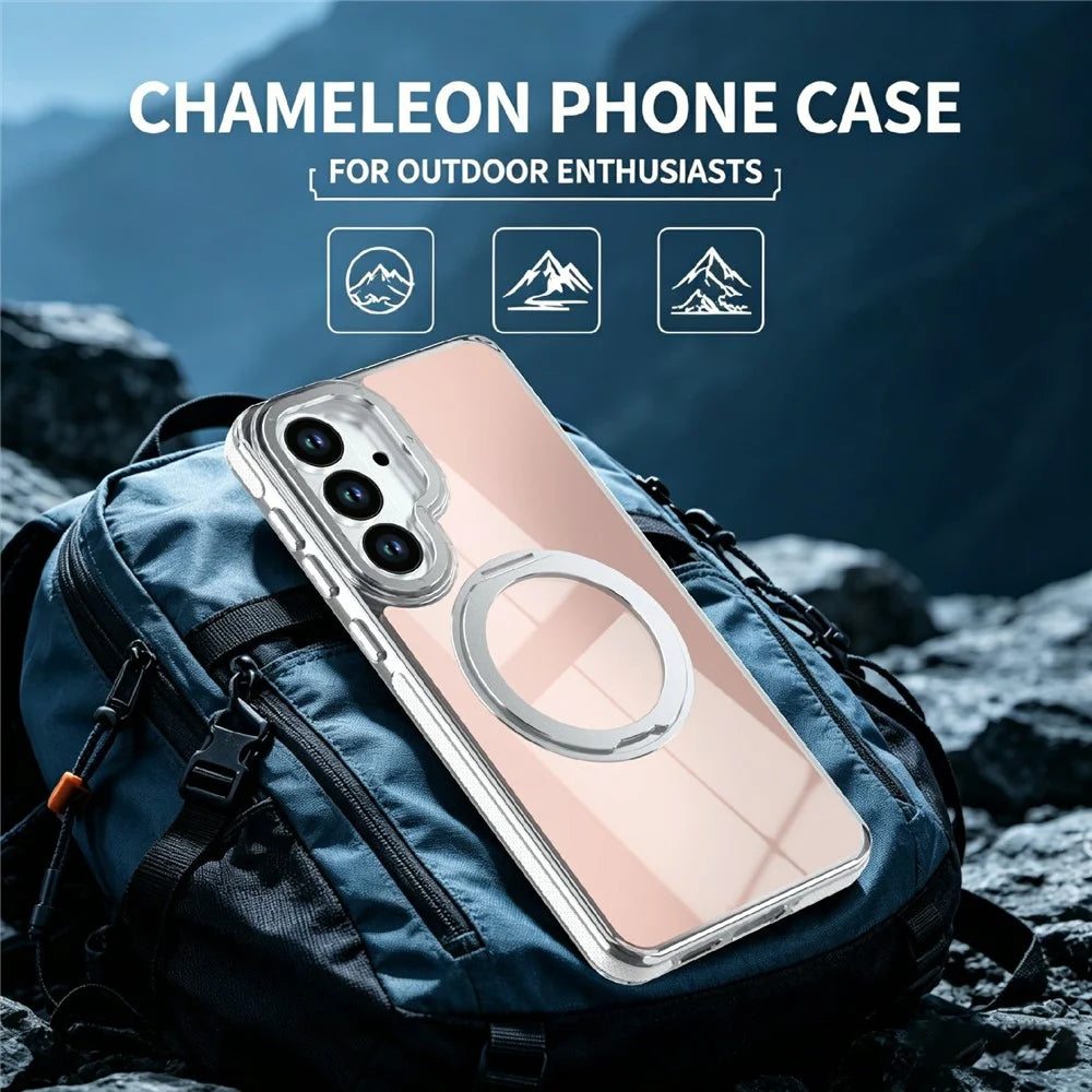 For Samsung Galaxy S26+ Magnetic Case Fluorescent Design TPU Acrylic Phone Back Cover with 360° Rotating Kickstand - White - 5