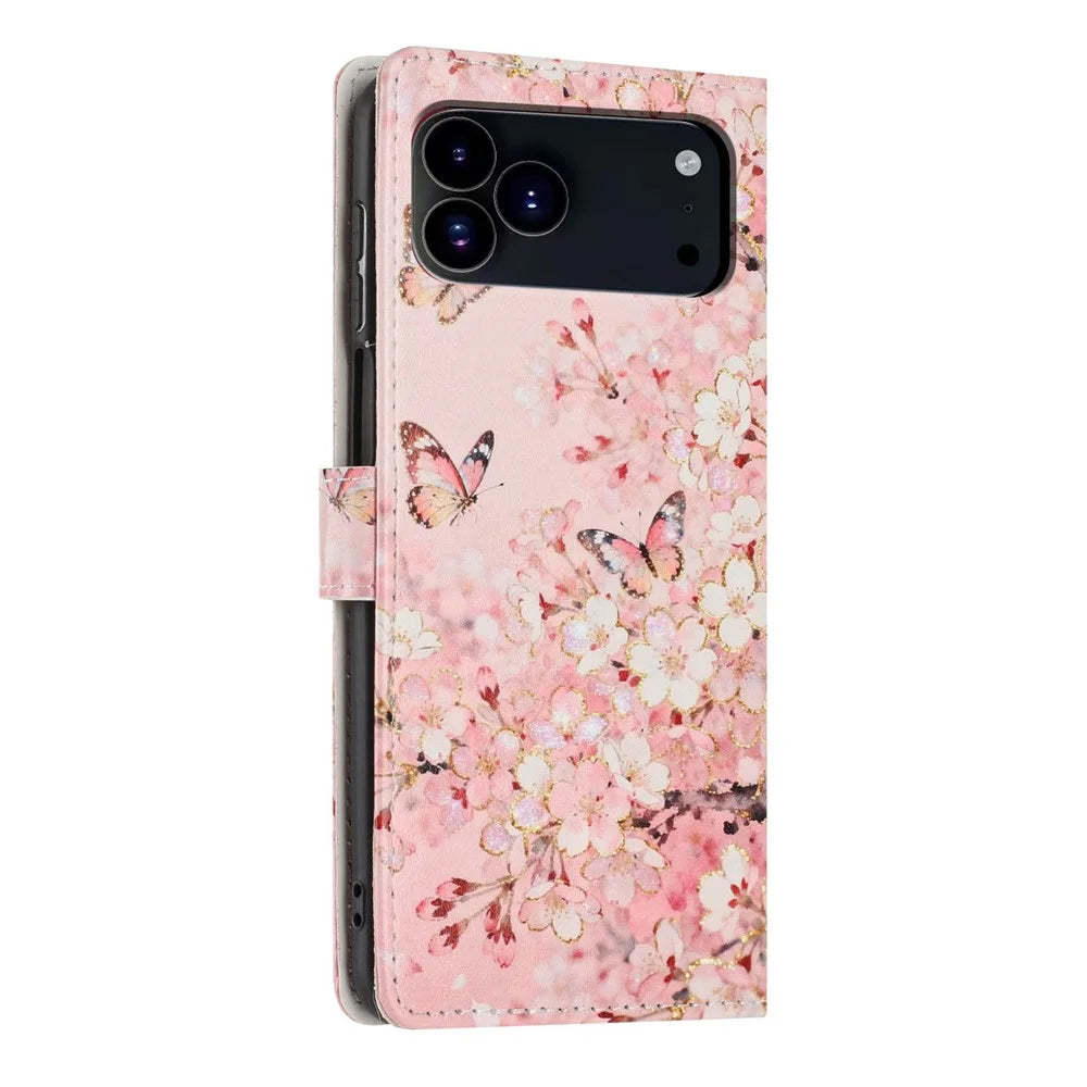 For iPhone 18 Pro Max / 17 Pro Max Wallet Case Pattern Printing PU Leather Stand Flip Phone Cover with Wrist Strap - Pink Sakura Butterfly - 6