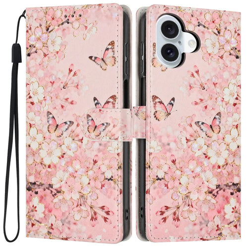 For iPhone 17 Wallet Case Pattern Printing PU Leather Stand Flip Phone Cover with Wrist Strap - Pink Sakura Butterfly - 1