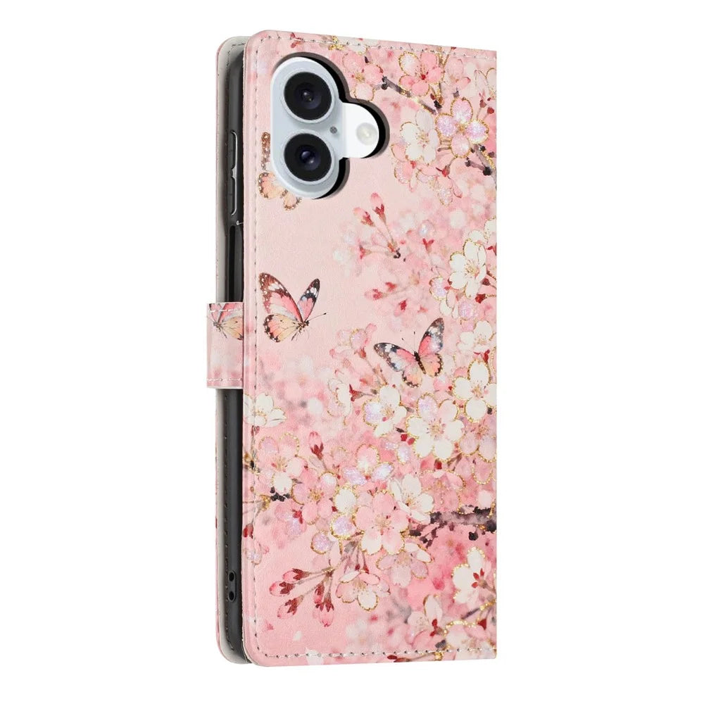 For iPhone 17 Wallet Case Pattern Printing PU Leather Stand Flip Phone Cover with Wrist Strap - Pink Sakura Butterfly - 6