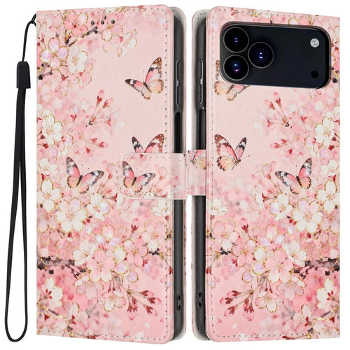 For iPhone 18 Pro / 17 Pro Wallet Case Pattern Printing PU Leather Stand Flip Phone Cover with Wrist Strap - Pink Sakura Butterfly - 1
