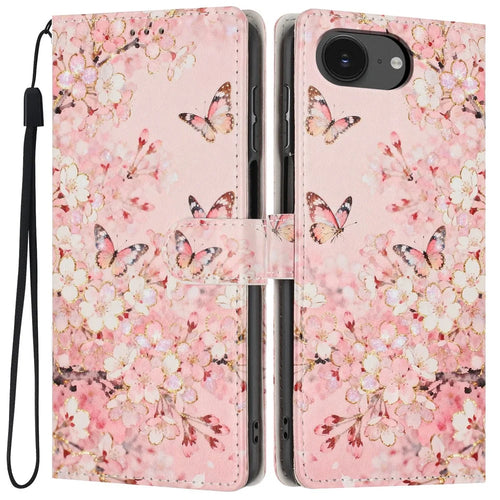 Wallet Case For iPhone 17e  /  16e Pattern Printing PU Leather Stand Flip Phone Cover with Wrist Strap - Pink Sakura Butterfly - 1