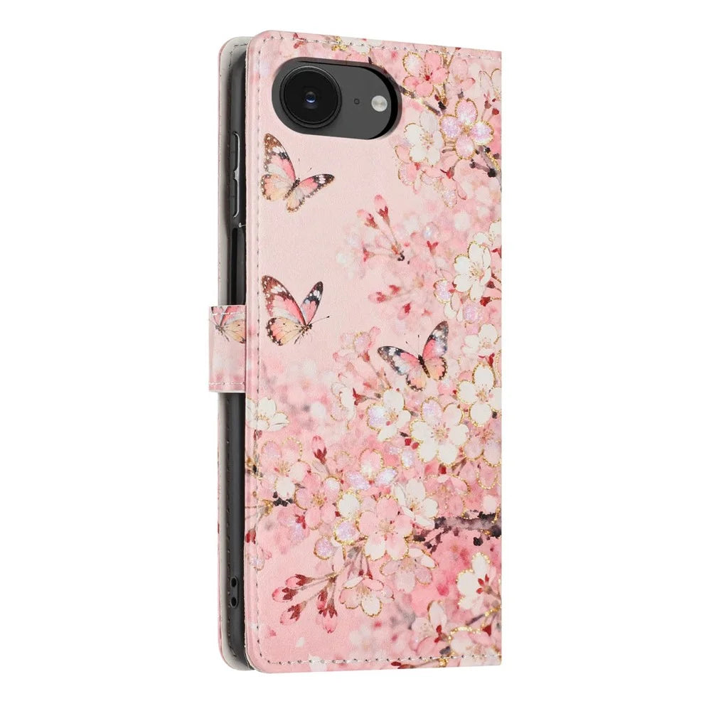 Wallet Case For iPhone 17e  /  16e Pattern Printing PU Leather Stand Flip Phone Cover with Wrist Strap - Pink Sakura Butterfly - 6