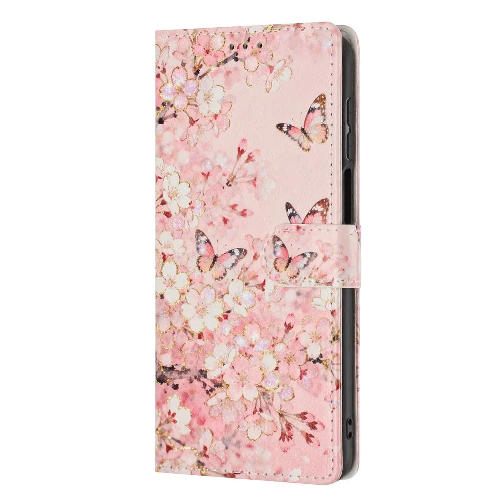 Wallet Case For iPhone 17e  /  16e Pattern Printing PU Leather Stand Flip Phone Cover with Wrist Strap - Pink Sakura Butterfly - 7