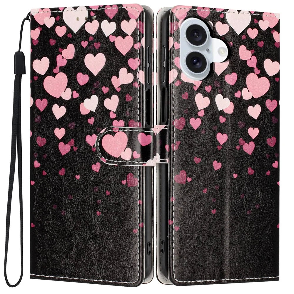 For iPhone 16 Wallet Case Pattern Printing PU Leather Stand Flip Phone Cover with Wrist Strap - Pink Heart - 1