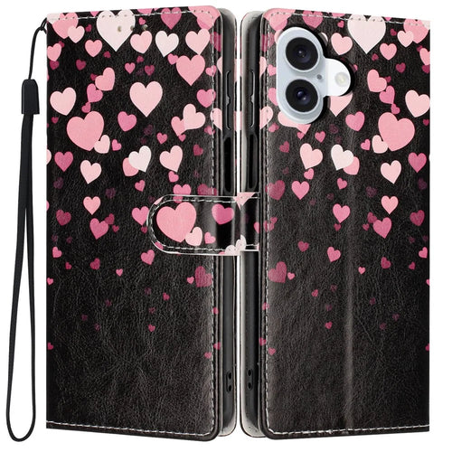 For iPhone 16 Wallet Case Pattern Printing PU Leather Stand Flip Phone Cover with Wrist Strap - Pink Heart - 1