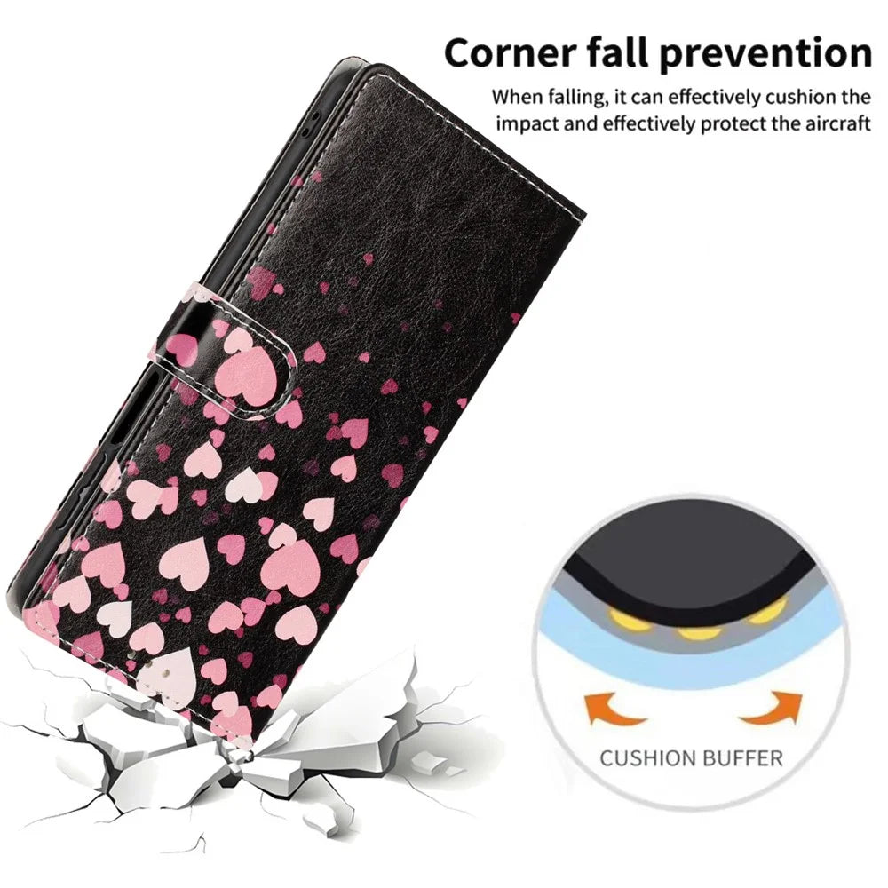 For iPhone 16 Wallet Case Pattern Printing PU Leather Stand Flip Phone Cover with Wrist Strap - Pink Heart - 4