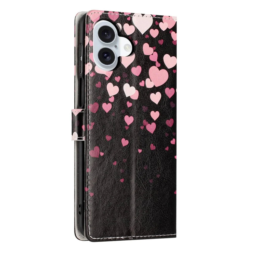 For iPhone 16 Wallet Case Pattern Printing PU Leather Stand Flip Phone Cover with Wrist Strap - Pink Heart - 6