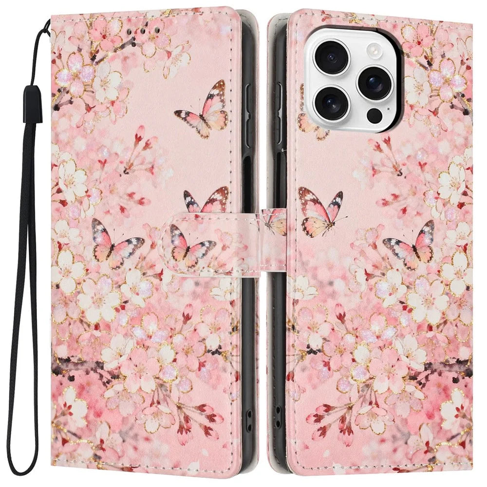 For iPhone 16 Pro Wallet Case Pattern Printing PU Leather Stand Flip Phone Cover with Wrist Strap - Pink Sakura Butterfly - 1