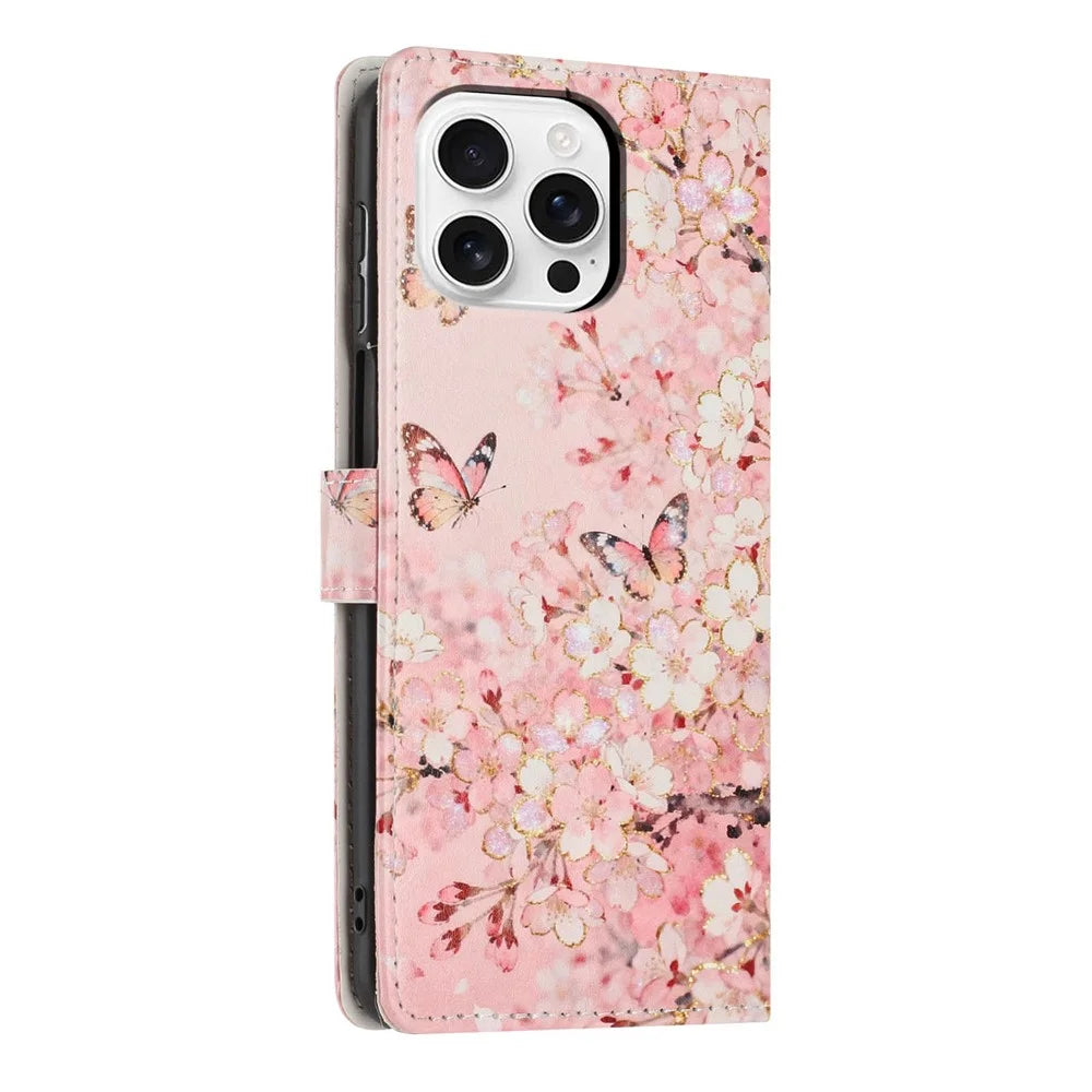 For iPhone 16 Pro Wallet Case Pattern Printing PU Leather Stand Flip Phone Cover with Wrist Strap - Pink Sakura Butterfly - 6