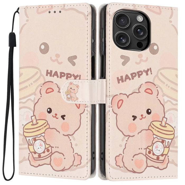 For iPhone 16 Pro Max Wallet Case Pattern Printing PU Leather Stand Flip Phone Cover with Wrist Strap - Milk Tea Bear - 1
