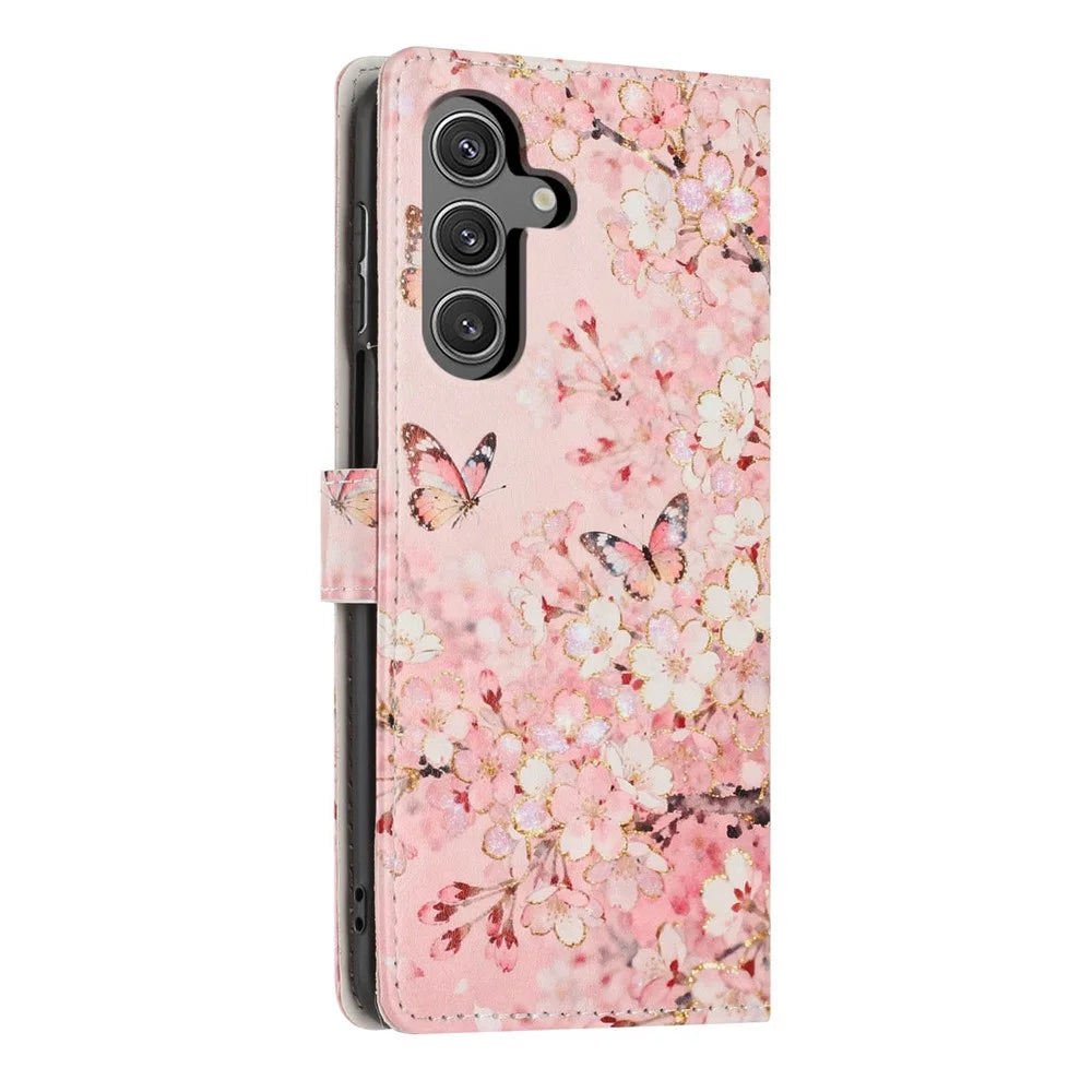 For Samsung Galaxy S24 Wallet Case Pattern Printing PU Leather Stand Flip Phone Cover with Wrist Strap - Pink Sakura Butterfly - 6