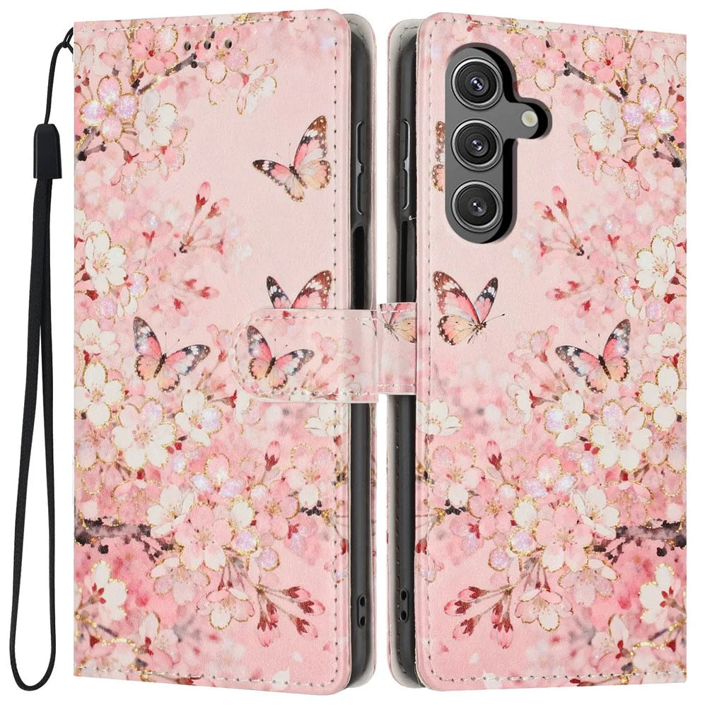 For Samsung Galaxy S24+ Wallet Case Pattern Printing PU Leather Stand Flip Phone Cover with Wrist Strap - Pink Sakura Butterfly - 1