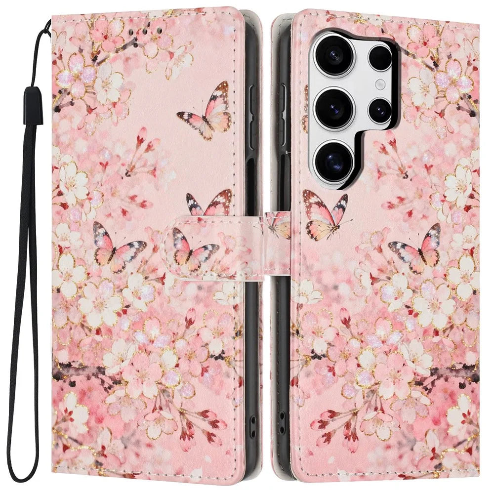 For Samsung Galaxy S24 Ultra Wallet Case Pattern Printing PU Leather Stand Flip Phone Cover with Wrist Strap - Pink Sakura Butterfly - 1