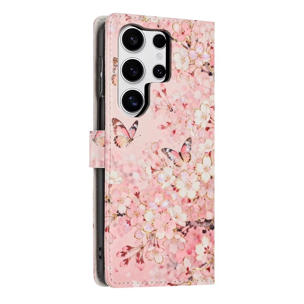 For Samsung Galaxy S24 Ultra Wallet Case Pattern Printing PU Leather Stand Flip Phone Cover with Wrist Strap - Pink Sakura Butterfly - 6