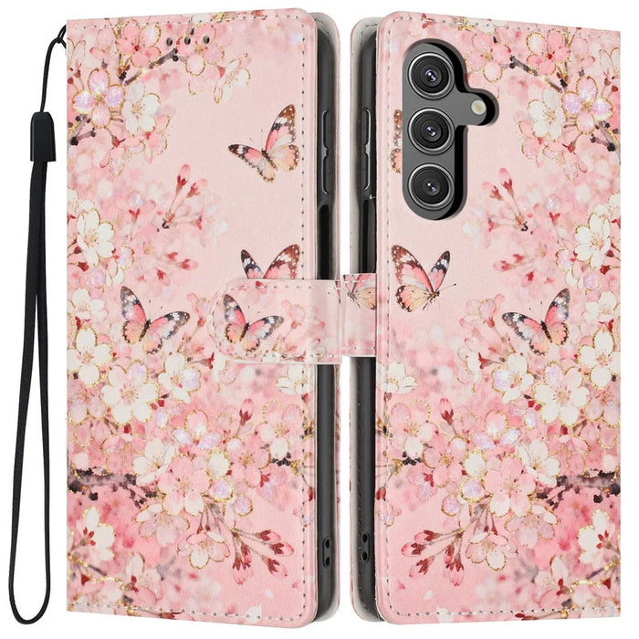For Samsung Galaxy S24 FE Wallet Case Pattern Printing PU Leather Stand Flip Phone Cover with Wrist Strap - Pink Sakura Butterfly - 1
