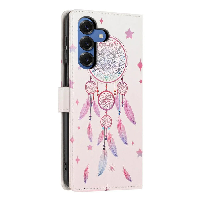 For Samsung Galaxy S25 Wallet Case Pattern Printing PU Leather Stand Flip Phone Cover with Wrist Strap - Feather Dreamcatcher - 6