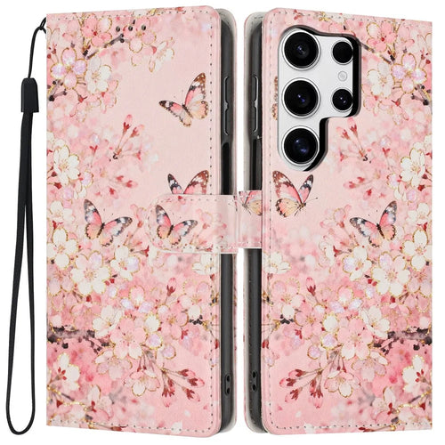 For Samsung Galaxy S25 Ultra Wallet Case Pattern Printing PU Leather Stand Flip Phone Cover with Wrist Strap - Pink Sakura Butterfly - 1