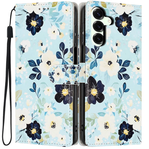 For Samsung Galaxy S25+ Wallet Case Pattern Printing PU Leather Stand Flip Phone Cover with Wrist Strap - Blue Background  /  Flower - 1