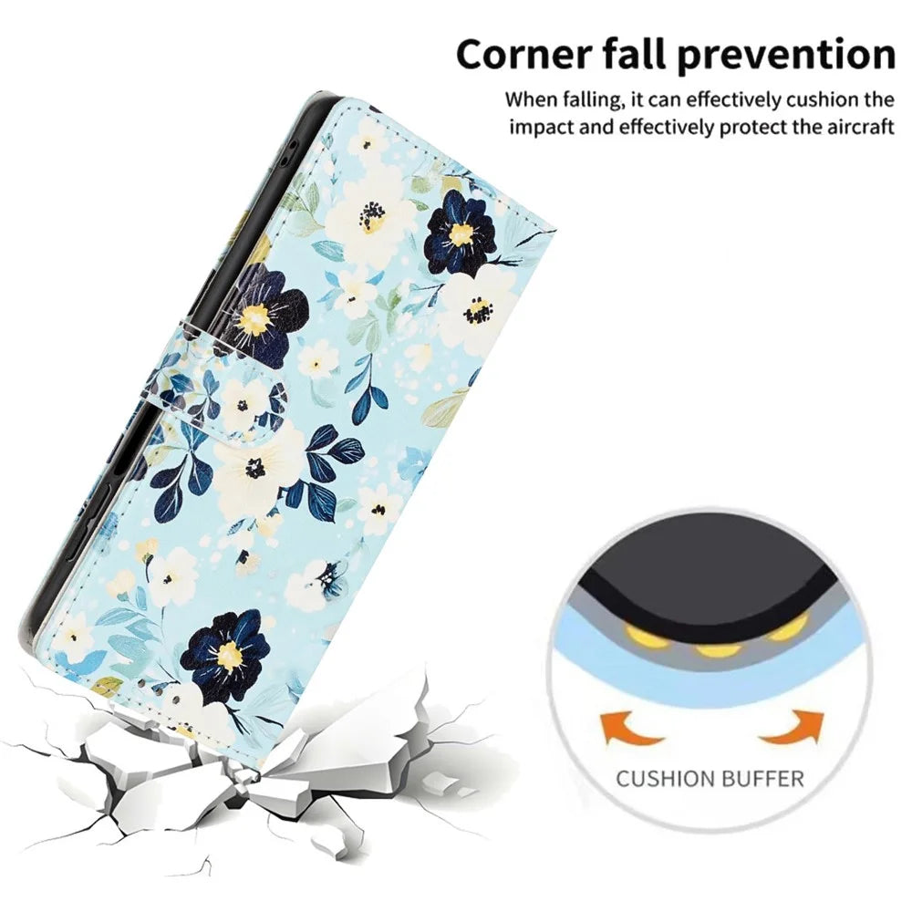 For Samsung Galaxy S25+ Wallet Case Pattern Printing PU Leather Stand Flip Phone Cover with Wrist Strap - Blue Background  /  Flower - 4