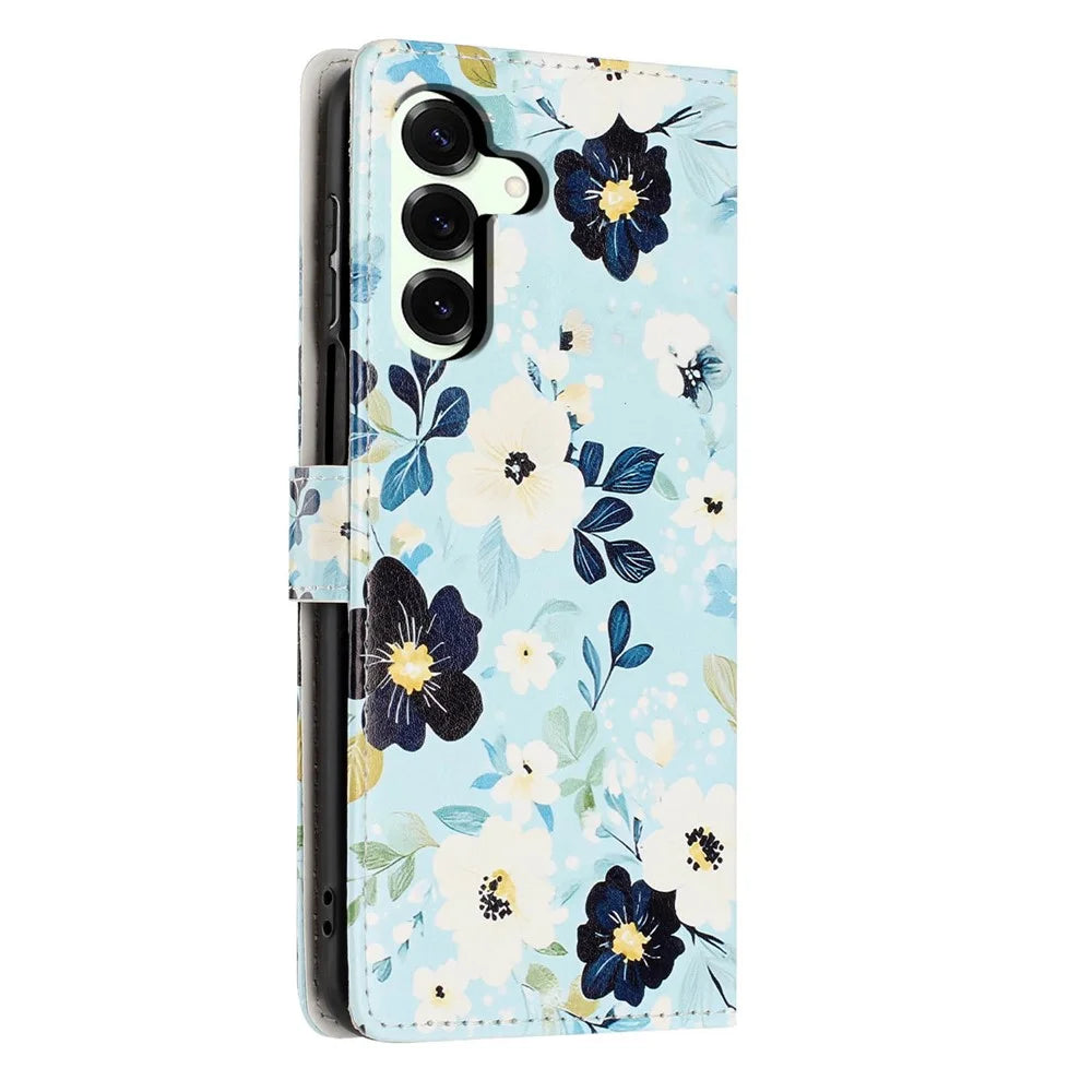 For Samsung Galaxy S25+ Wallet Case Pattern Printing PU Leather Stand Flip Phone Cover with Wrist Strap - Blue Background  /  Flower - 6